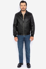 Black leather jacket with shirt collar and ribbed edges - Image n°7