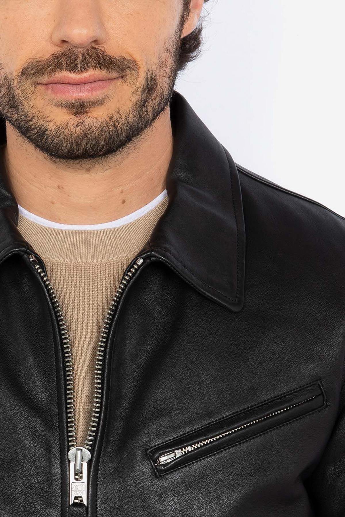 Black leather jacket with shirt collar and ribbed edges - Image n°4