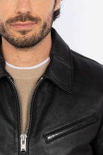 Black leather jacket with shirt collar and ribbed edges - Image n°4
