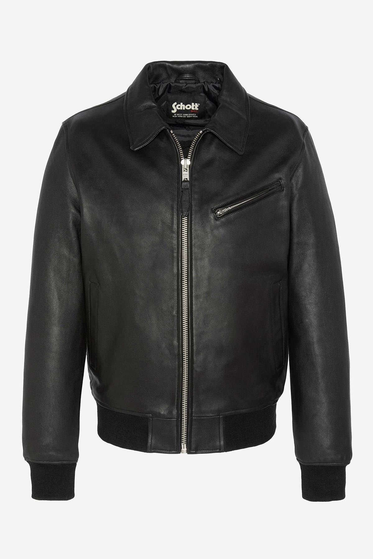 Black leather jacket with shirt collar and ribbed edges - Image n°5