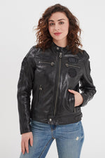 Soft black sheep leather jacket with a relaxed fit and moto collar. - Image n°2