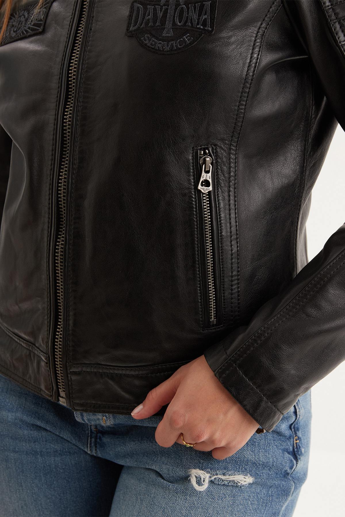 Vintage biker jacket in soft vegetable-tanned sheep leather, black. - Image n°6