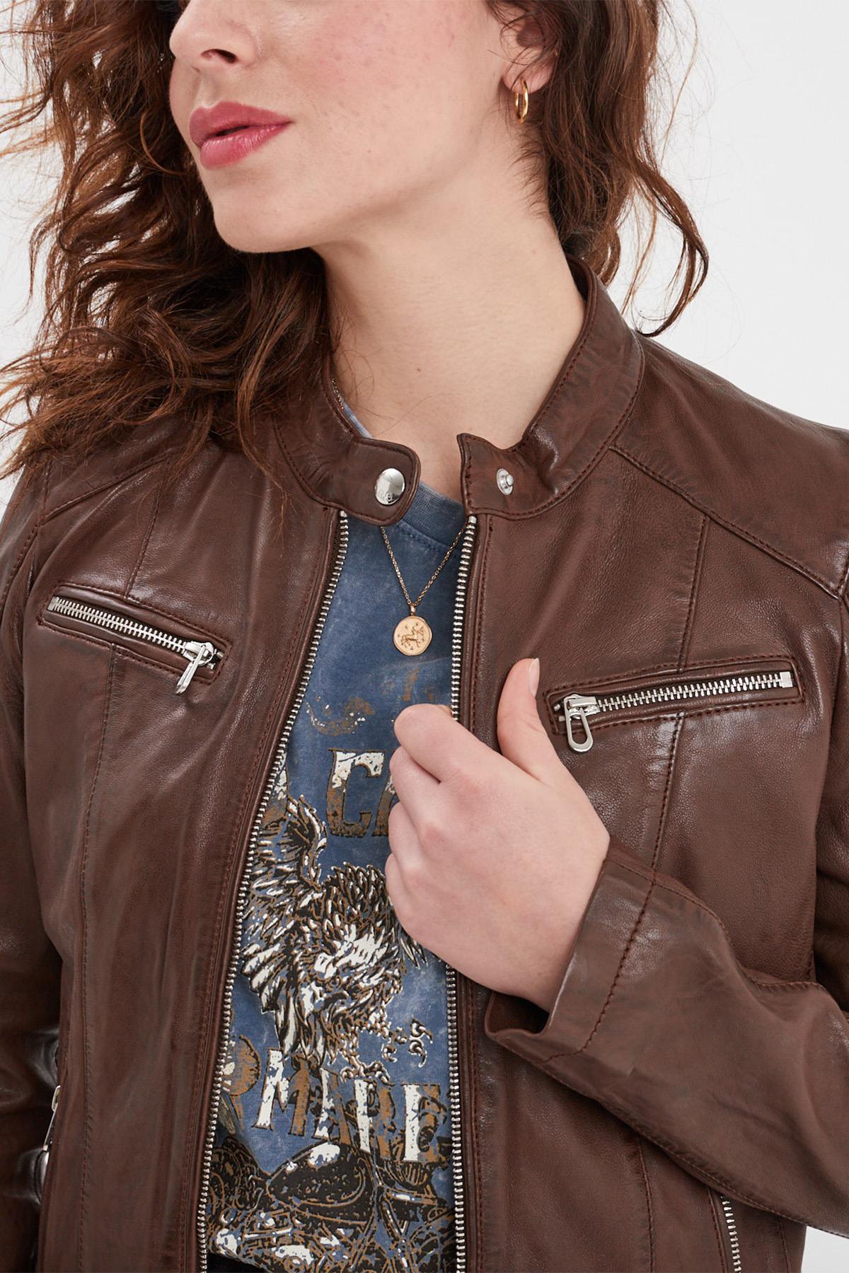 Bison-colored biker-collar leather jacket - Image n°7