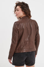 Bison-colored biker-collar leather jacket - Image n°2
