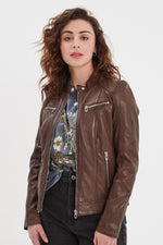 Bison-colored biker-collar leather jacket - Image n°1