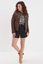 Bison-colored biker-collar leather jacket - Image n°4