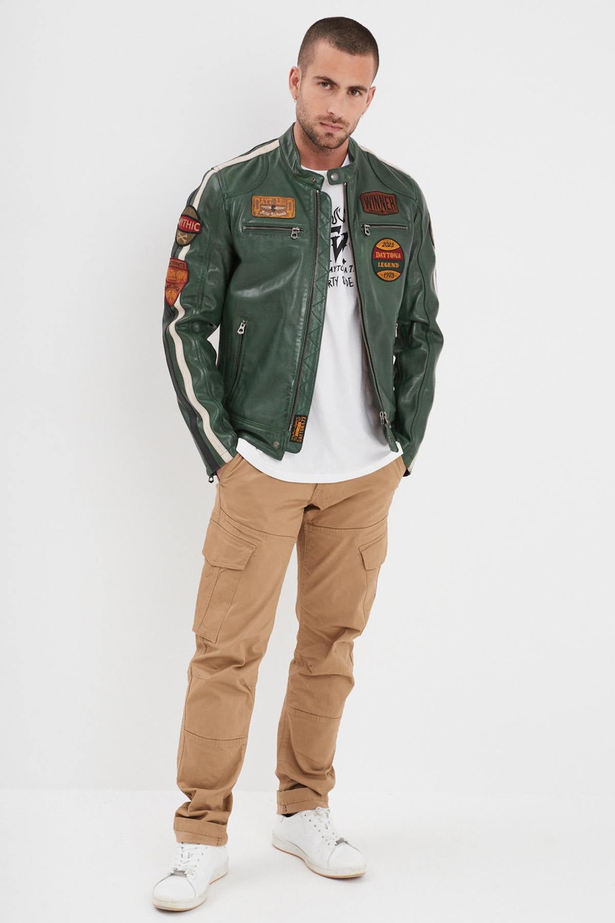 Vintage olive green sheep leather jacket. Soft, plant-tanned, moto-inspired. - Image n°7
