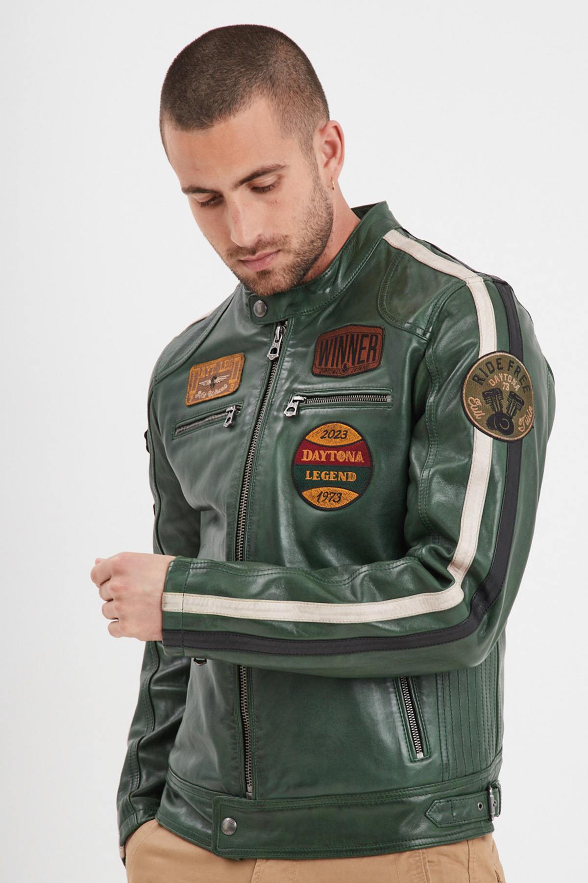 Vintage olive green sheep leather jacket. Soft, plant-tanned, moto-inspired. - Image n°5