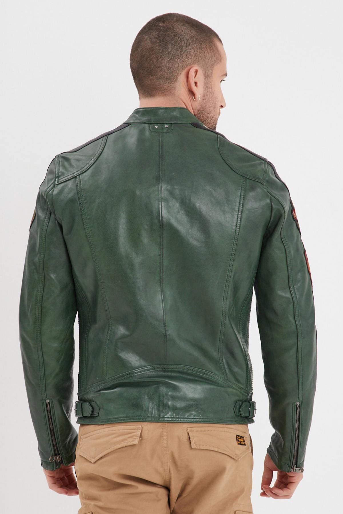 Vintage olive green sheep leather jacket. Soft, plant-tanned, moto-inspired. - Image n°6