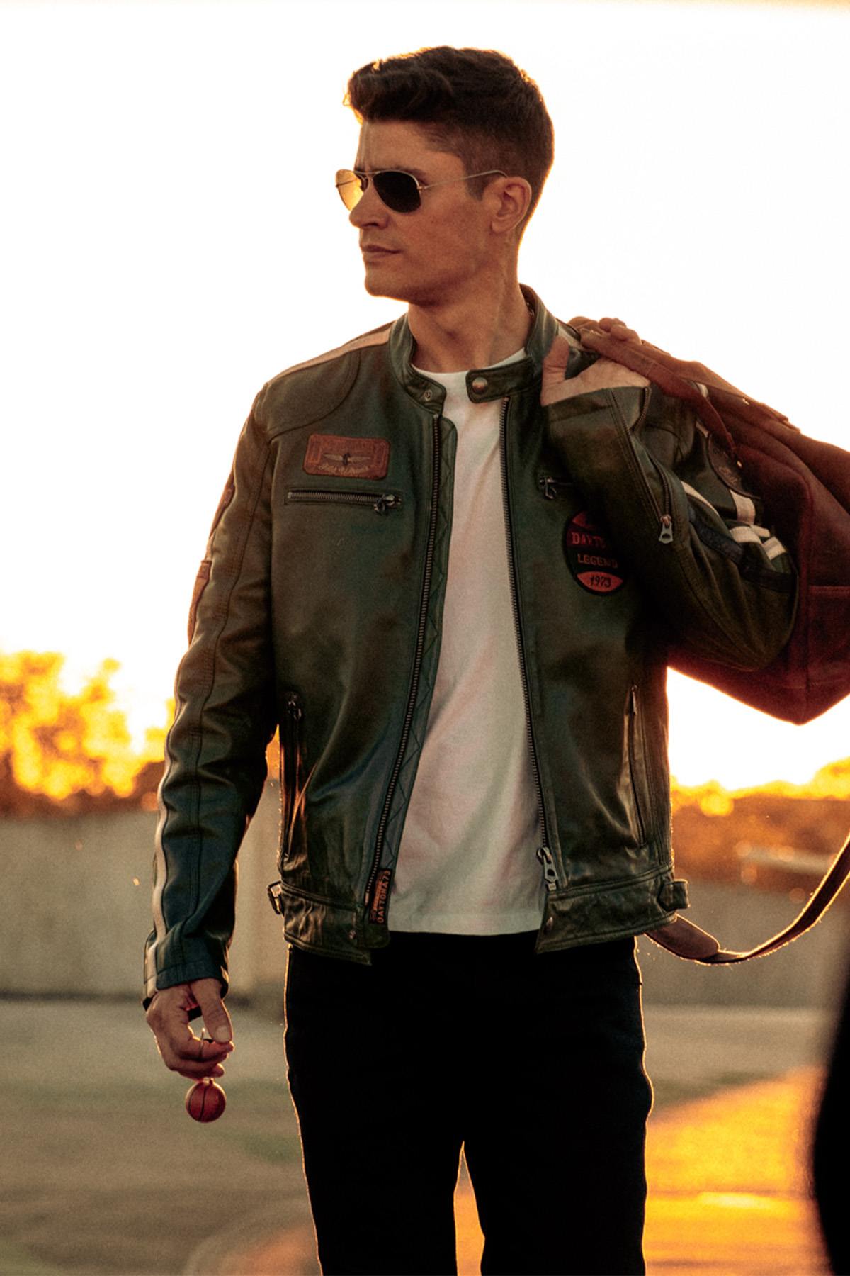 Vintage olive green sheep leather jacket. Soft, plant-tanned, moto-inspired. - Image n°1