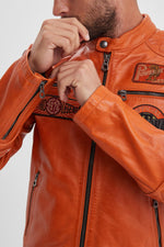 Orange racing leather jacket with vintage patches - Image n°11