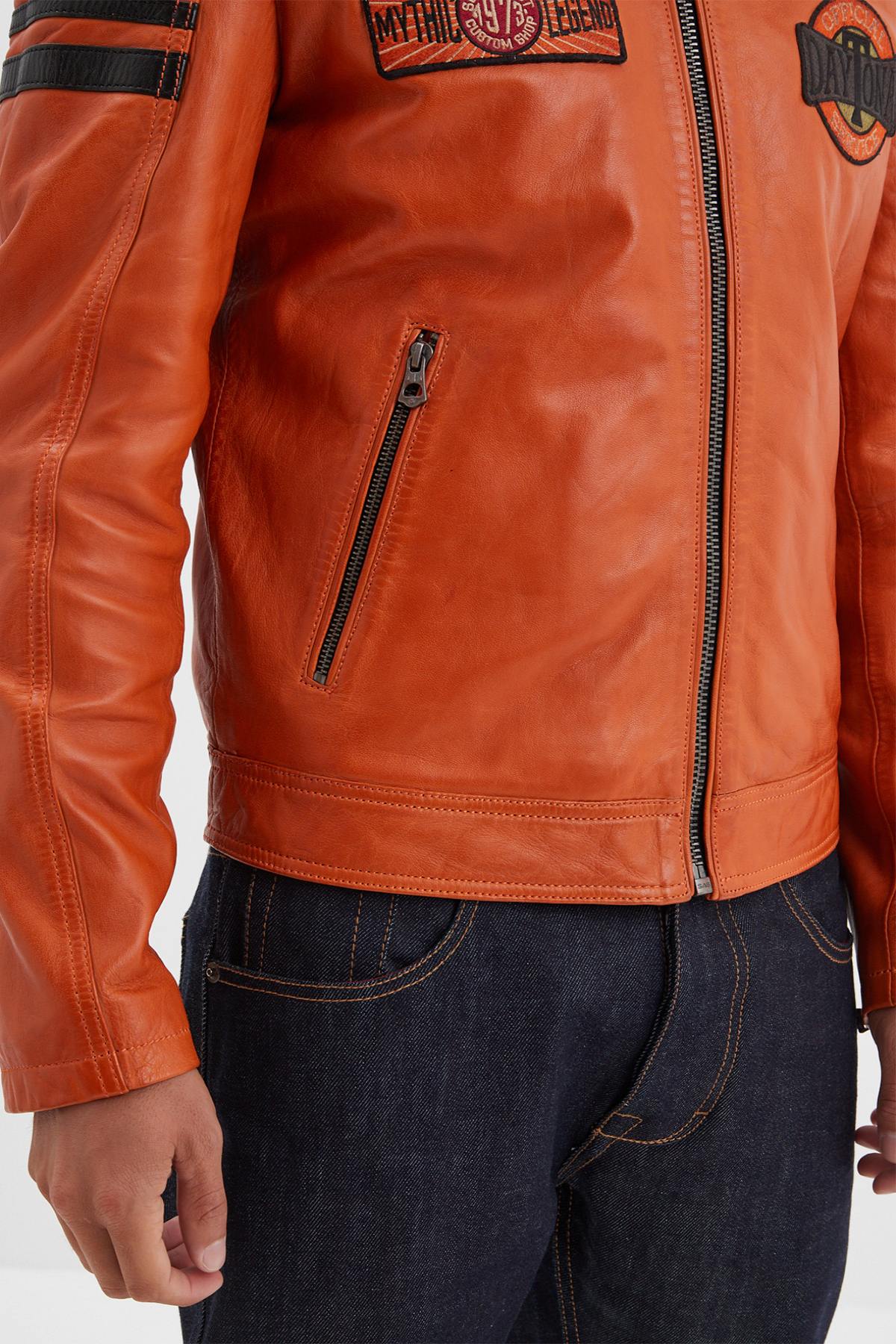 Orange racing leather jacket with vintage patches - Image n°13