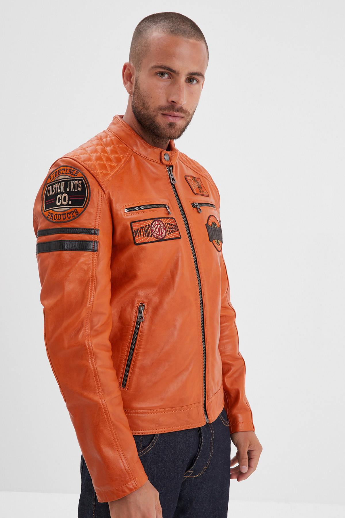 Burnt orange racing blouson: soft, vegetable-tanned sheep leather. - Image n°9