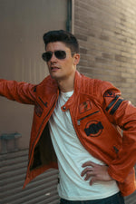 Orange racing leather jacket with vintage patches - Image n°4