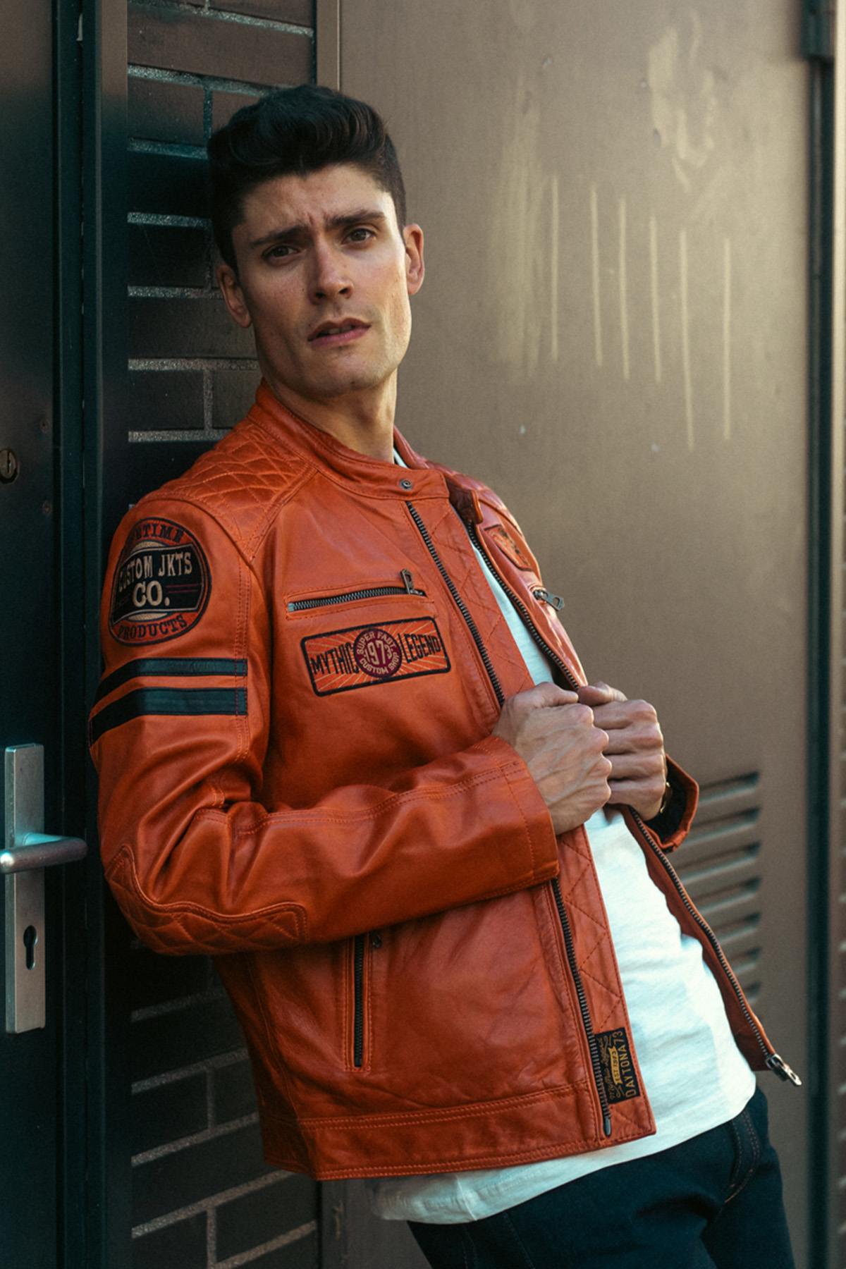 Orange racing leather jacket with vintage patches - Image n°1