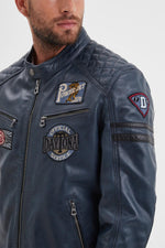 Blue racing leather jacket with vintage patches - Image n°7
