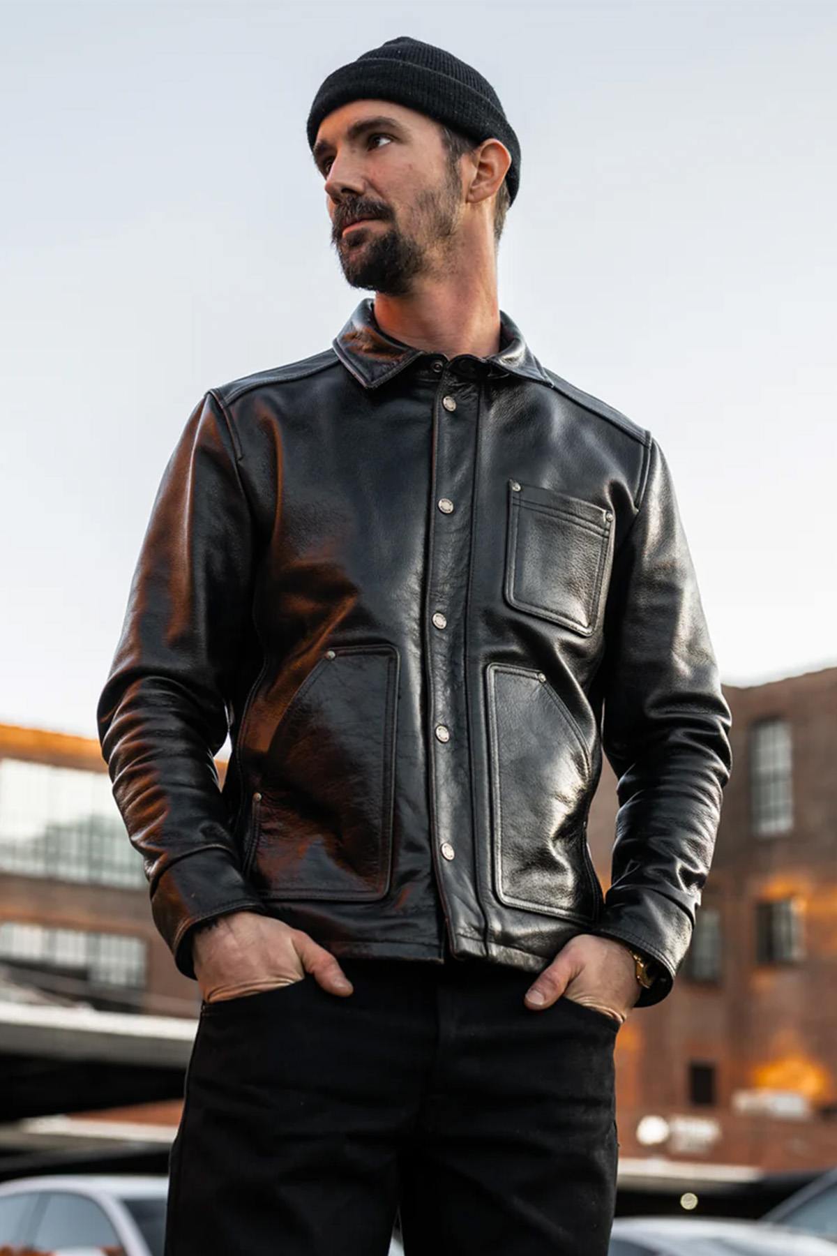 Black leather worker jacket with shirt collar - Image n°6