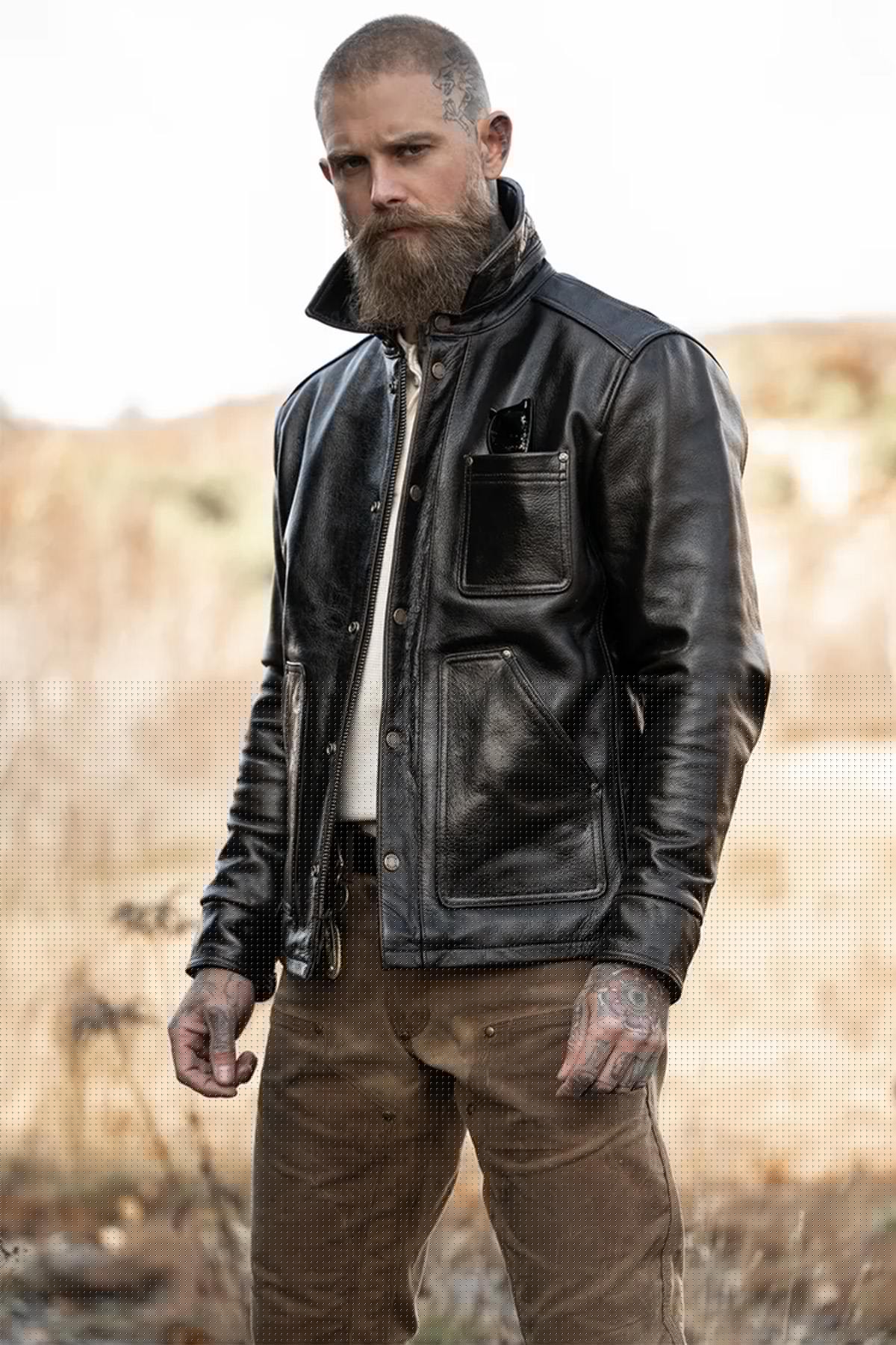 Black leather worker jacket with shirt collar - Image n°1