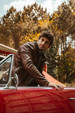 Slim dark cognac lambskin jacket with biker collar and removable hood. - Image n°12