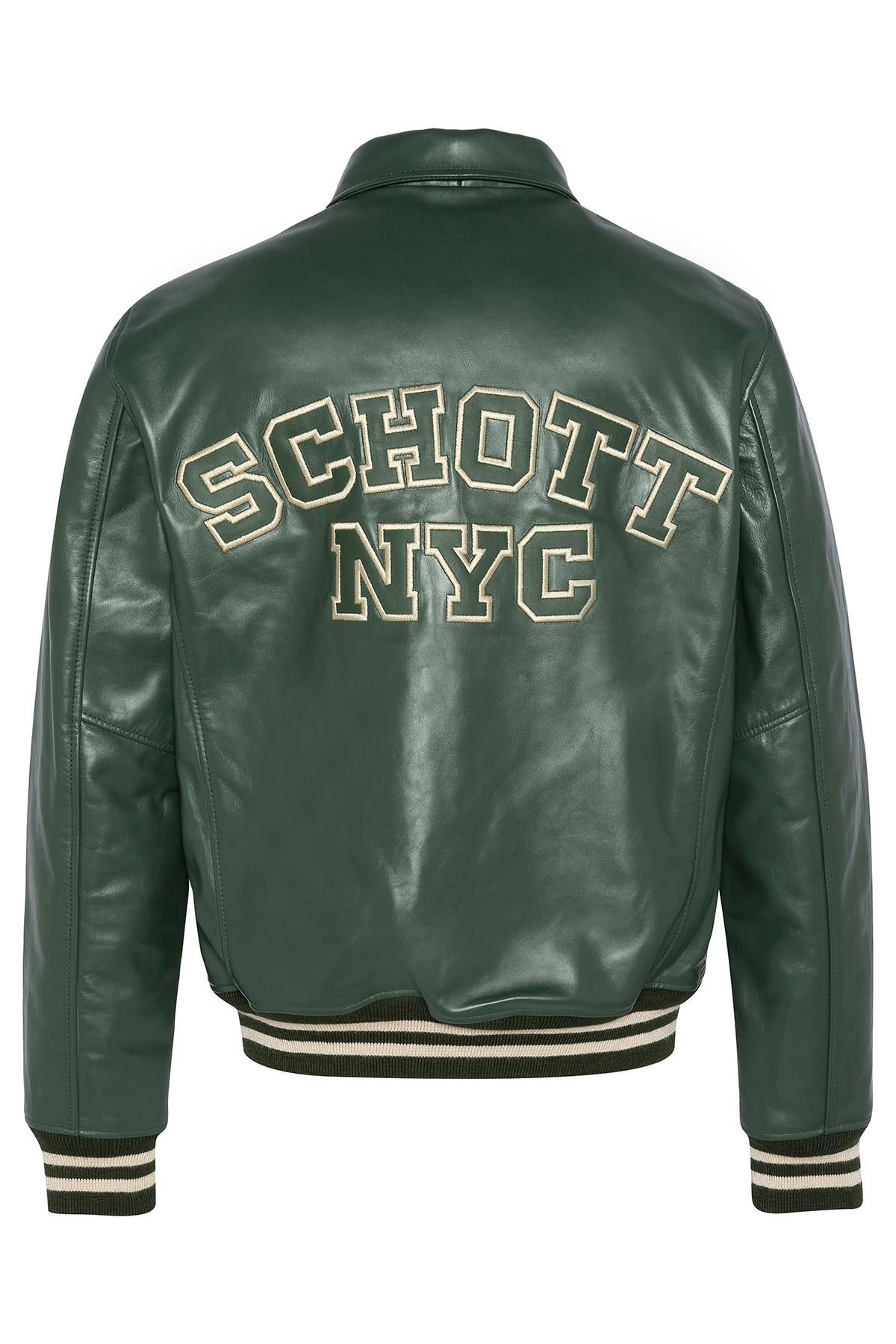 Schott's cowhide leather varsity jacket, green and off-white stripes. - Image n°5