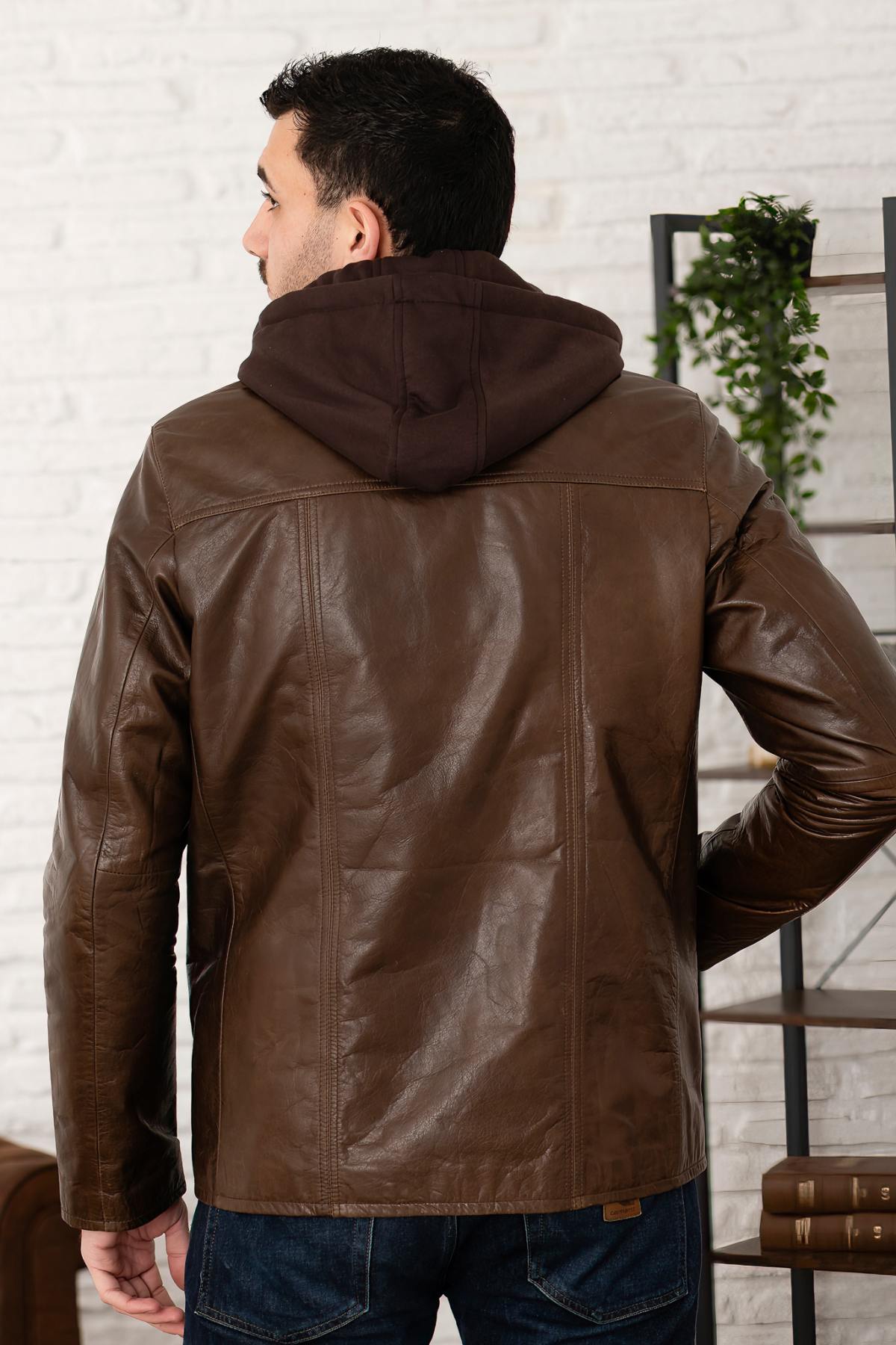 Mocha buffalo leather jacket with removable hood - Image n°3