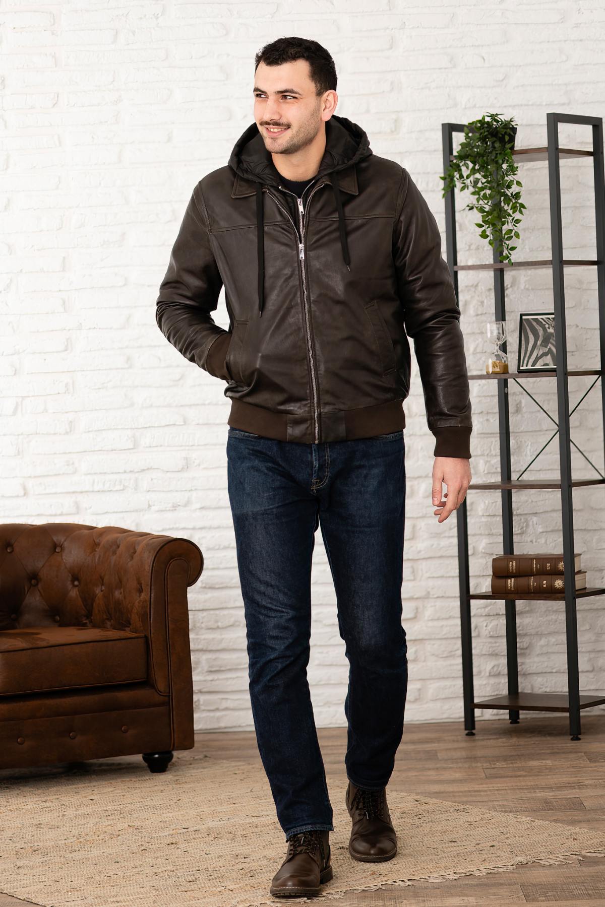 Serge Pariente's used green lambsheep leather jacket. Detachable hood. - Image n°4