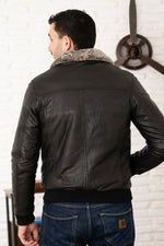 Black leather bomber jacket with fur collar - Image n°2