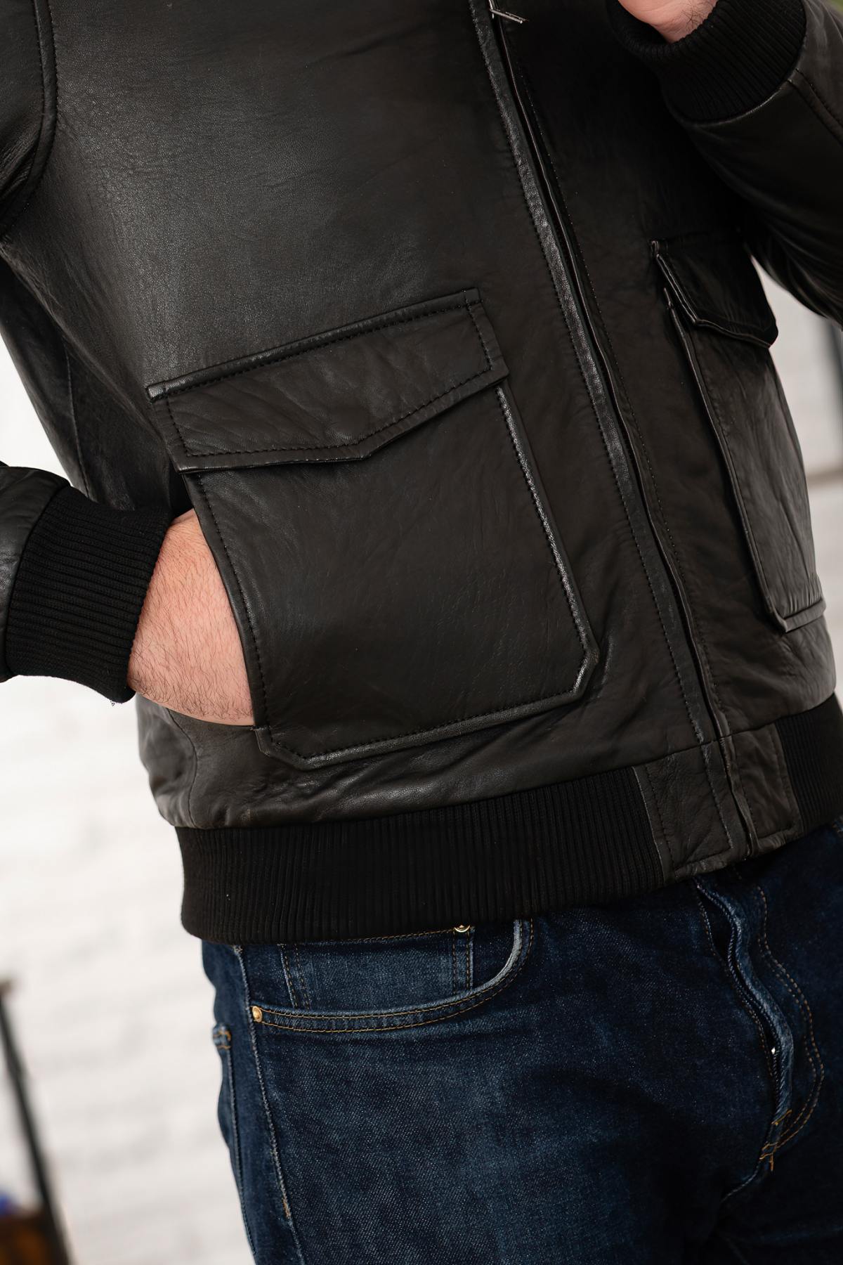 Black leather bomber jacket with fur collar - Image n°4