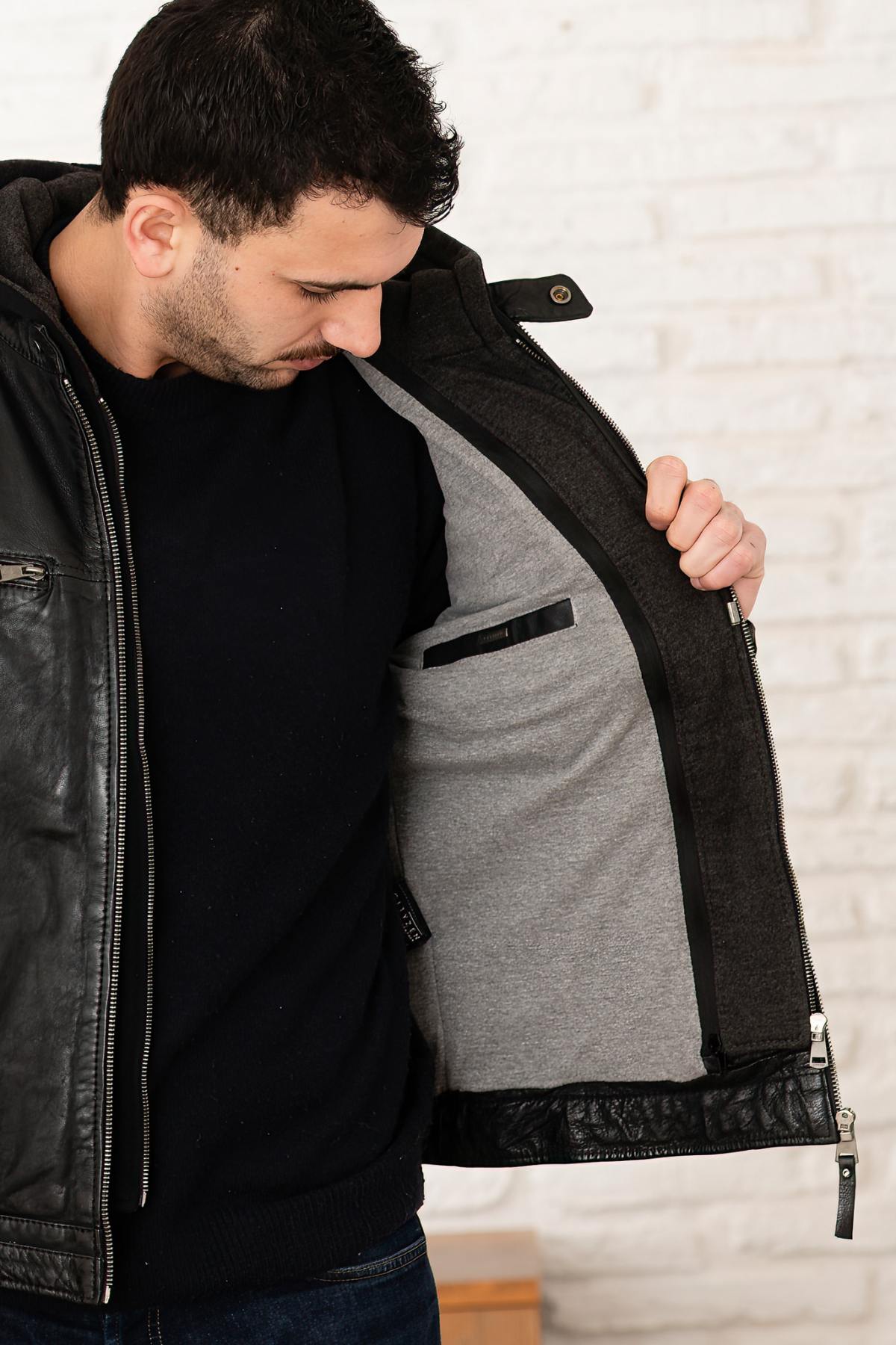 Black Leather Jacket with Hooded Skinny Fit - Image n°7