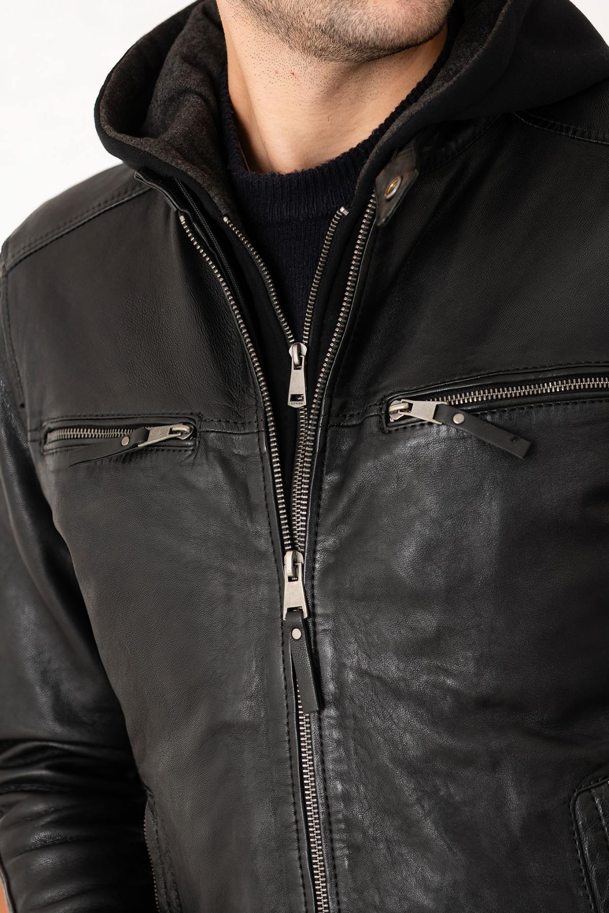Black Leather Jacket with Hooded Skinny Fit - Image n°5