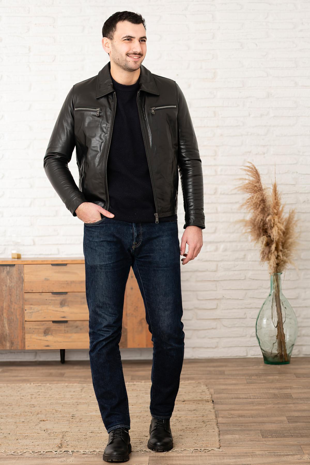 Black buffalo leather shirt collar jacket - Image n°5