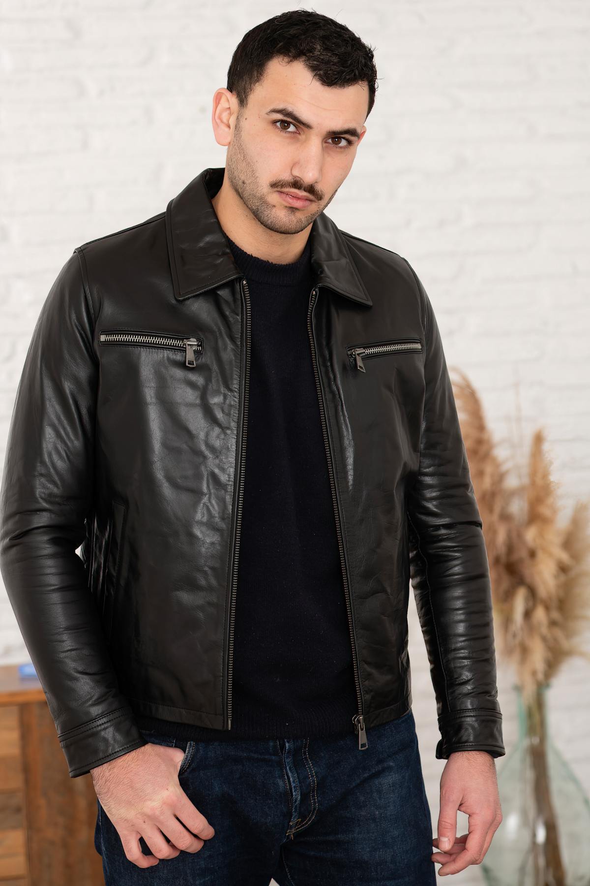 Black buffalo leather shirt collar jacket - Image n°1