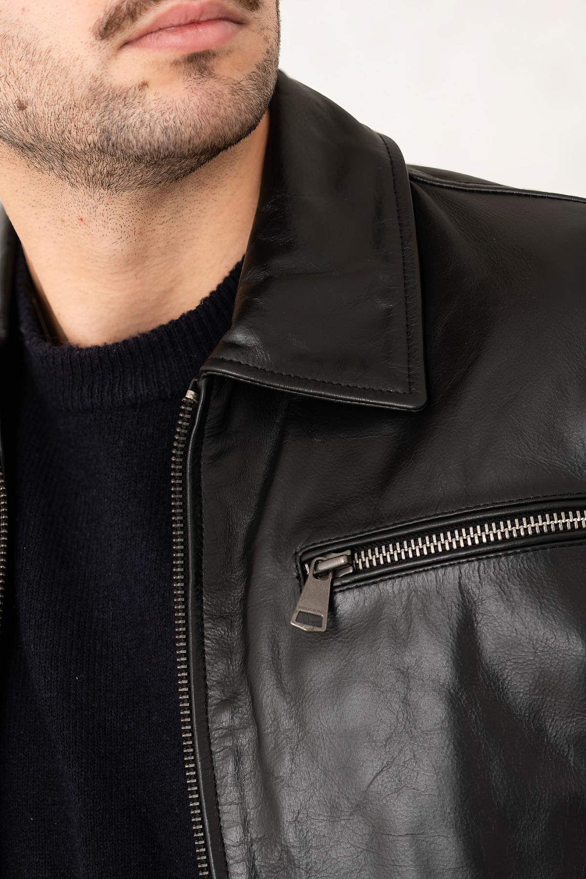 Black buffalo leather shirt collar jacket - Image n°4