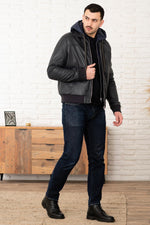 Navy blue shirt collar leather jacket with removable hood - Image n°2