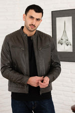 Anthracite biker collar leather jacket - Image n°4