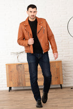Ginger lambsheep leather biker jacket, belt-free and sleek. - Image n°1