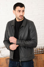 Anthracite washed leather shirt collar jacket - Image n°4