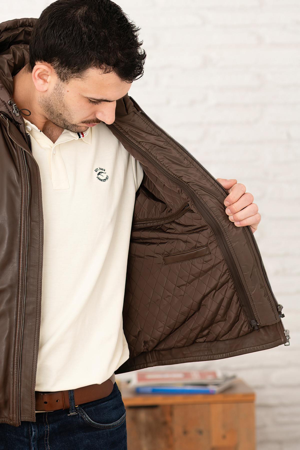 Leather jacket with removable hood in tech brown - Image n°9