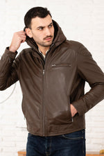 Leather jacket with removable hood in tech brown - Image n°1