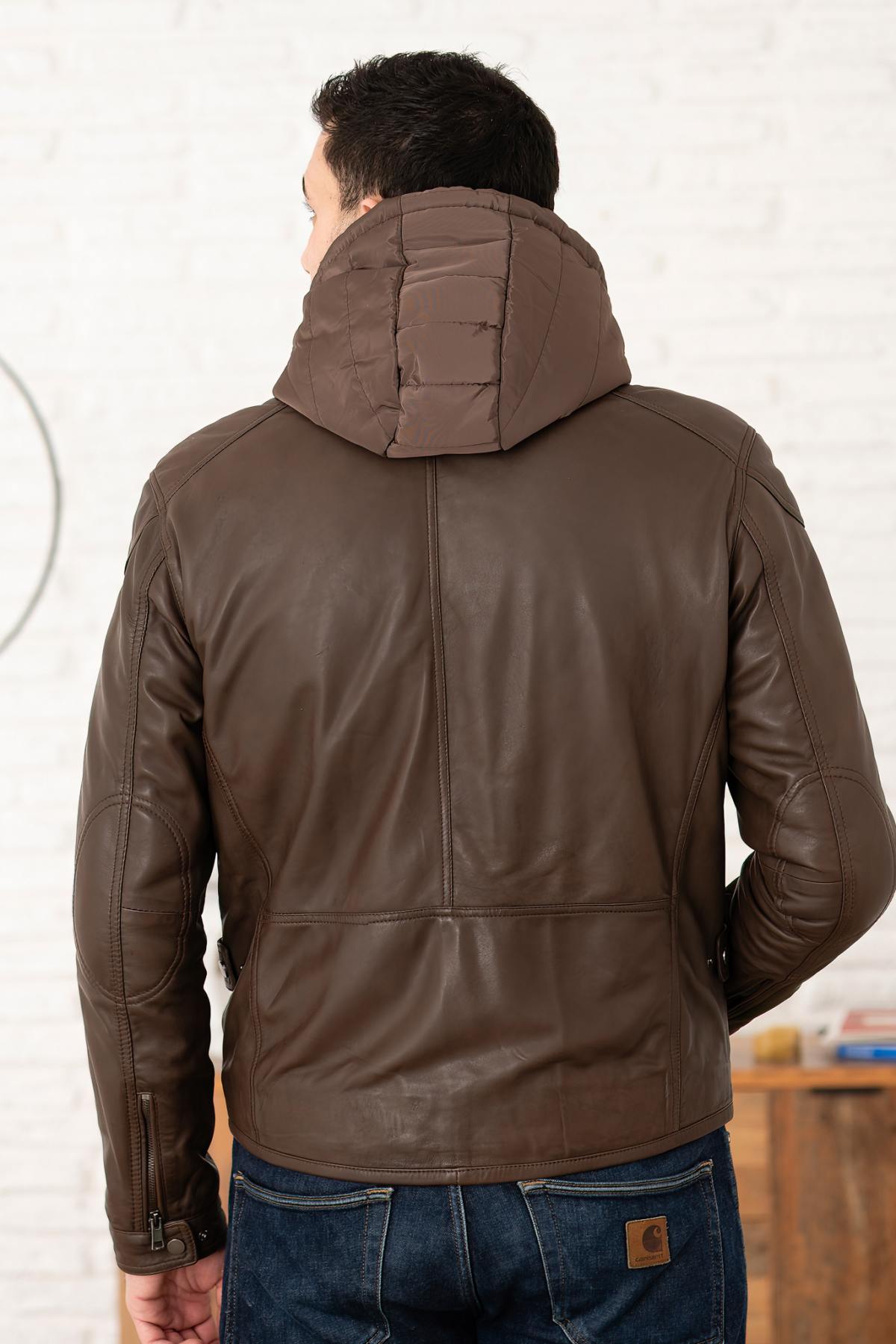 Leather jacket with removable hood in tech brown - Image n°6