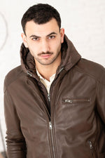 Leather jacket with removable hood in tech brown - Image n°5