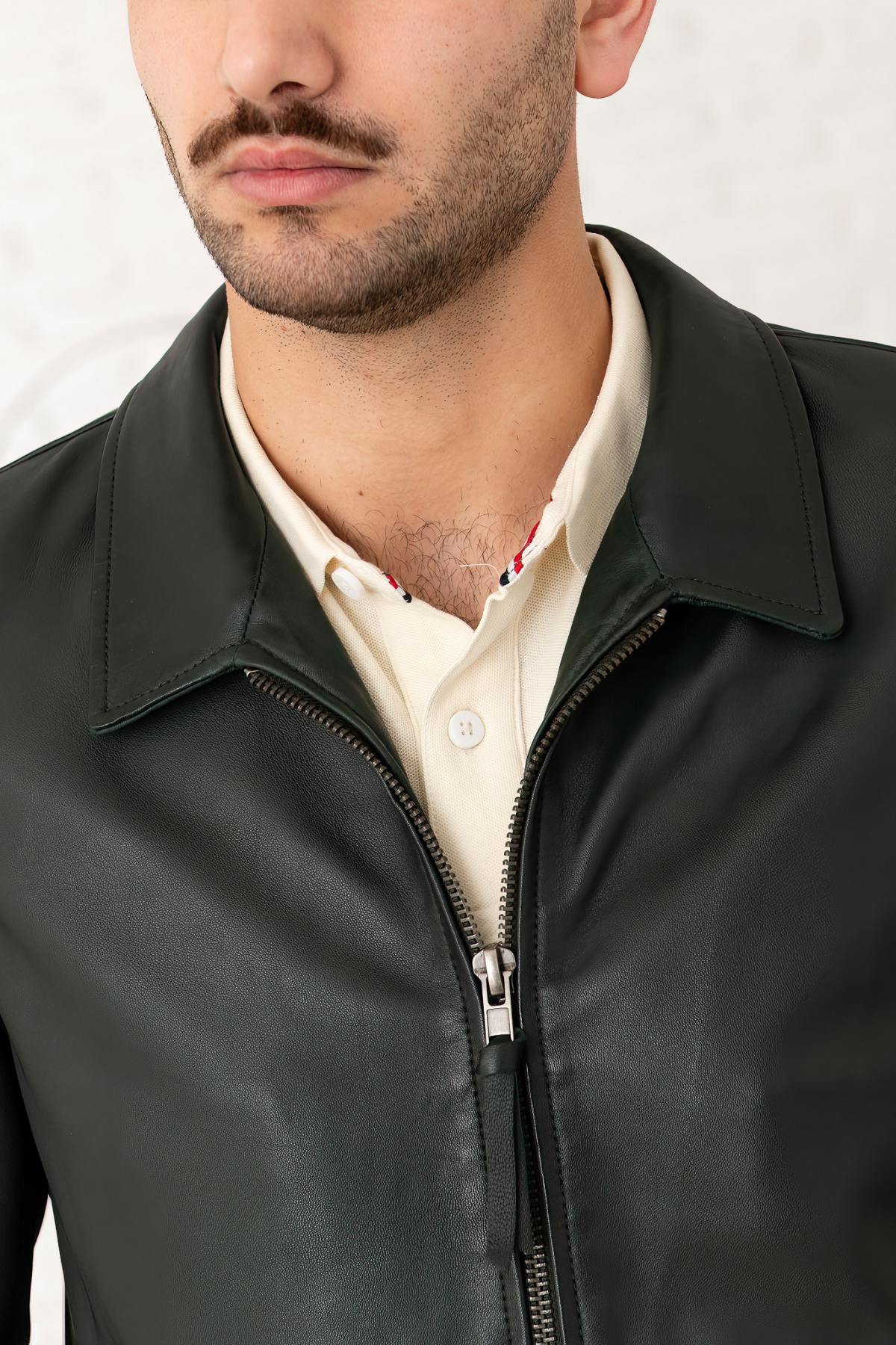 Relaxed-fit jacket in deep green washed sheep leather-soft and light. - Image n°6