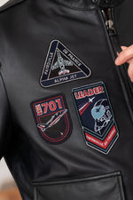 Navy blue biker collar leather jacket with PAF patches - Image n°11