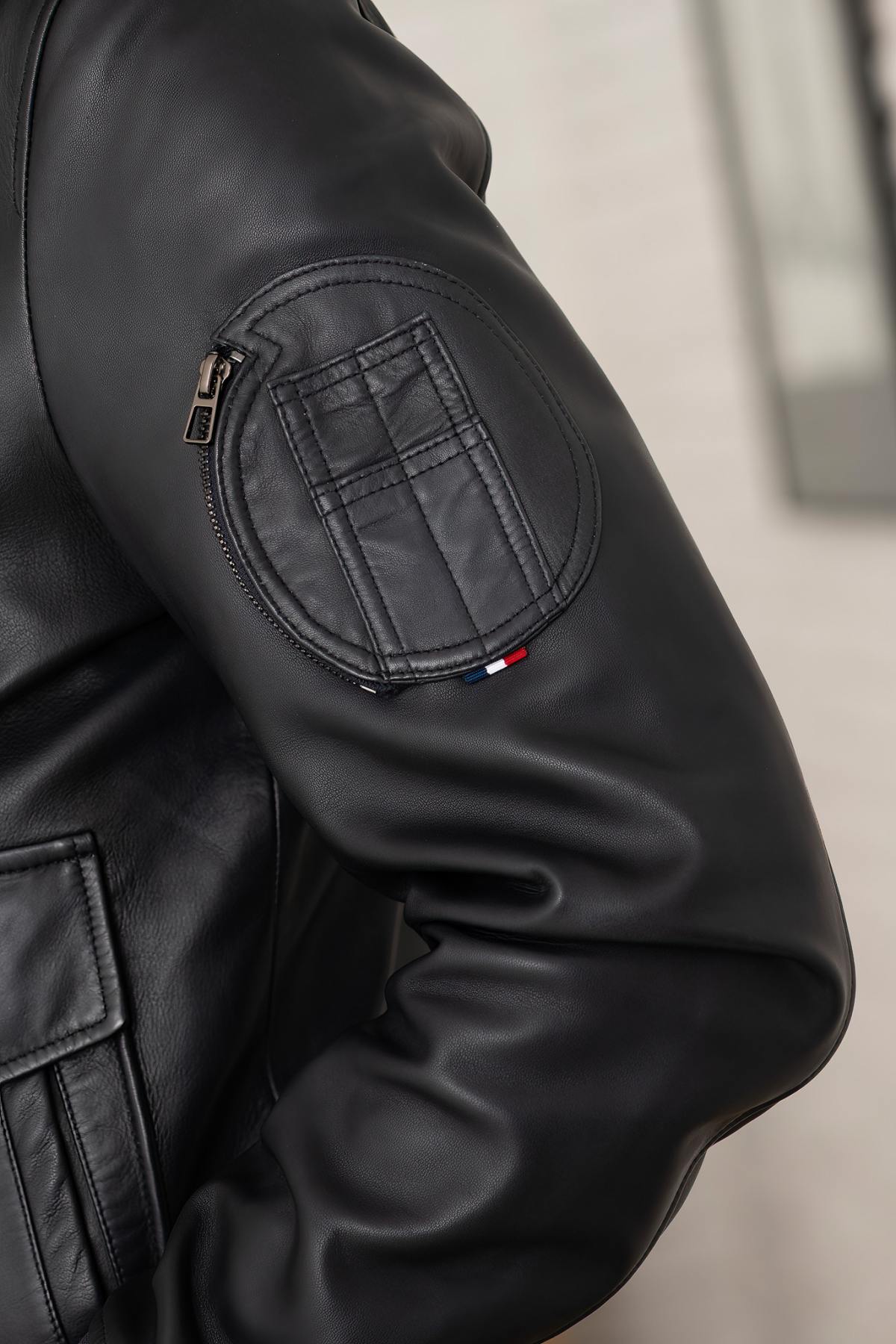 Navy blue biker collar leather jacket with PAF patches - Image n°6