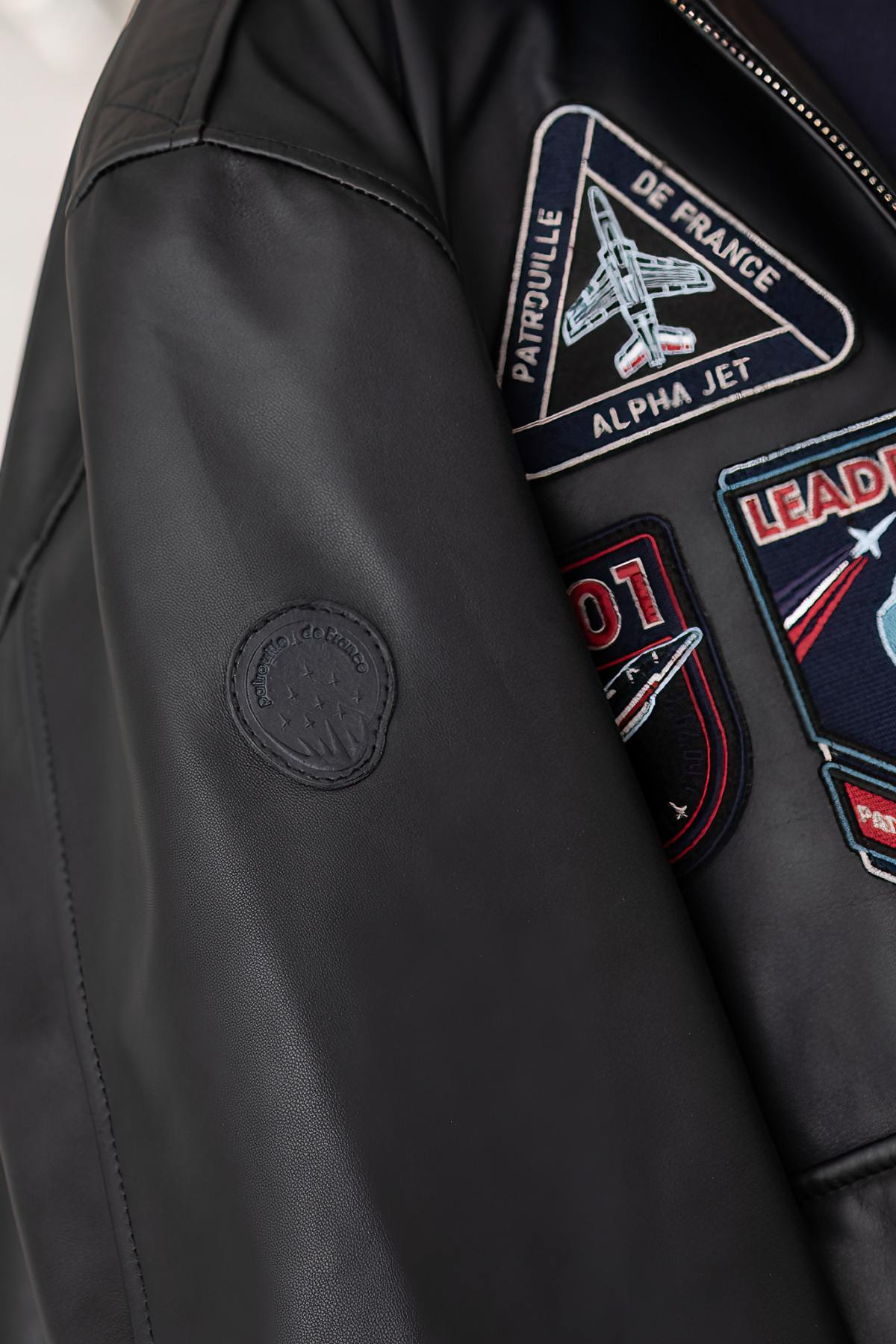 Navy blue biker collar leather jacket with PAF patches - Image n°10