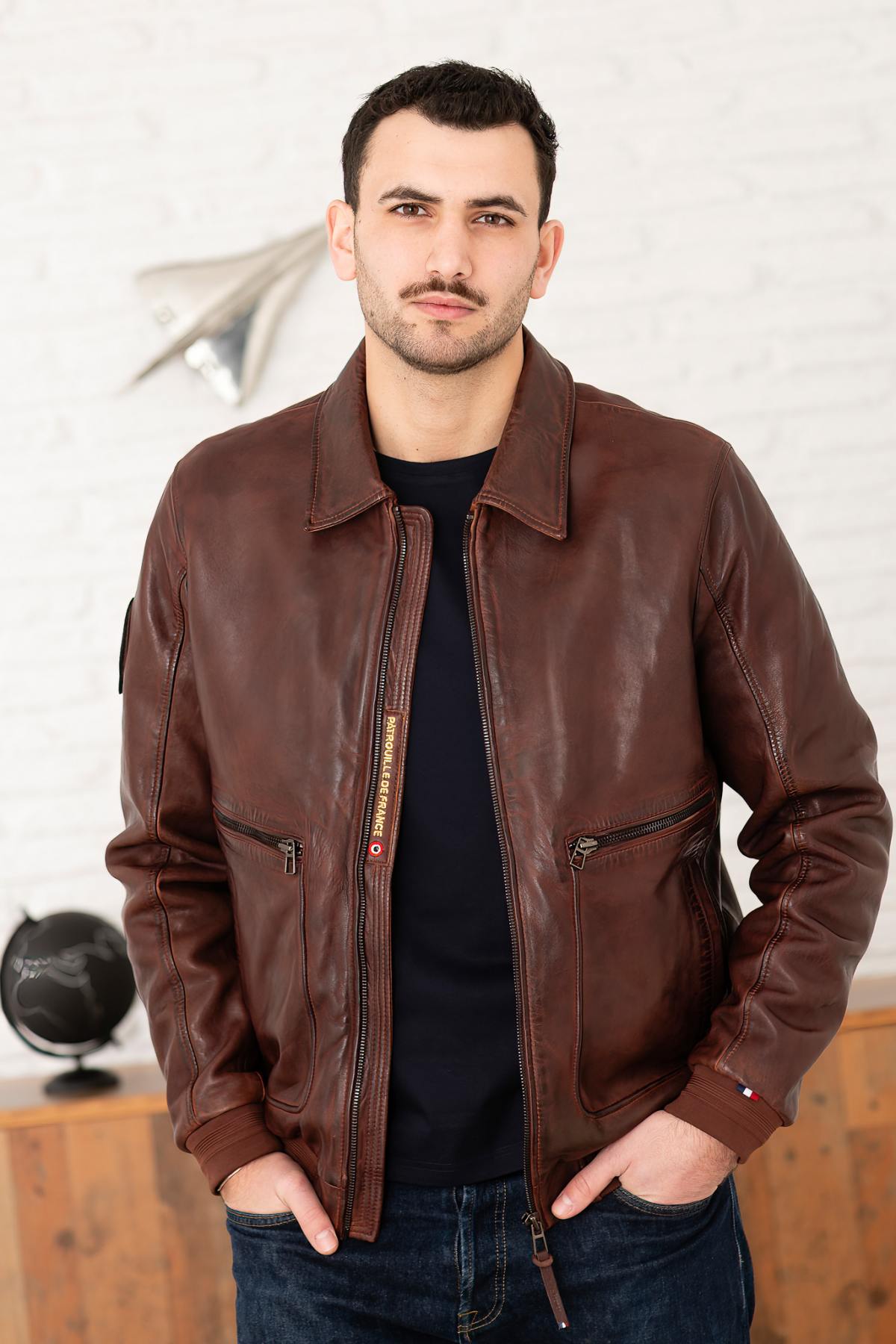 Cognac shirt collar leather bomber jacket - Image n°1