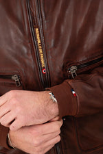 Cognac shirt collar leather bomber jacket - Image n°3