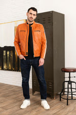 Vintage Biker Style Orange Leather Biker Collar Jacket - Image n°3