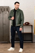 Schott's cowhide leather varsity jacket, green and off-white stripes. - Image n°4