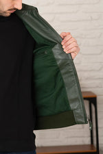 Schott's cowhide leather varsity jacket, green and off-white stripes. - Image n°8